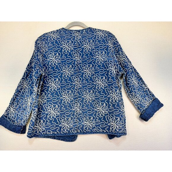 Chicos Embroidered Linen Jacket Size 1 Blue 100% Linen Floral Design - Picture 7 of 9